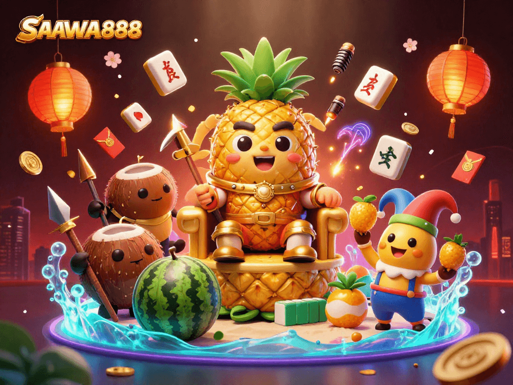 SAWA888’s vibrant beach casino scene features a pineapple king with his coconut bodyguards and a mango jester.