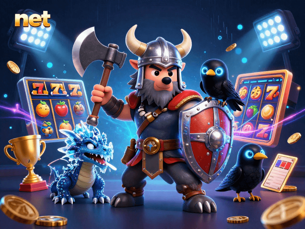 Experience jackpots with net 88 as a Viking wolf, dragon, and raven face dynamic casino elements