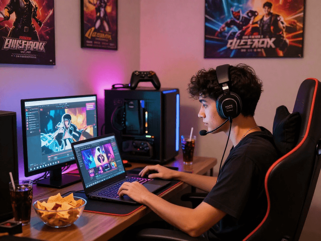Intense gamer focused on AI porn games in a vibrant gaming lounge.