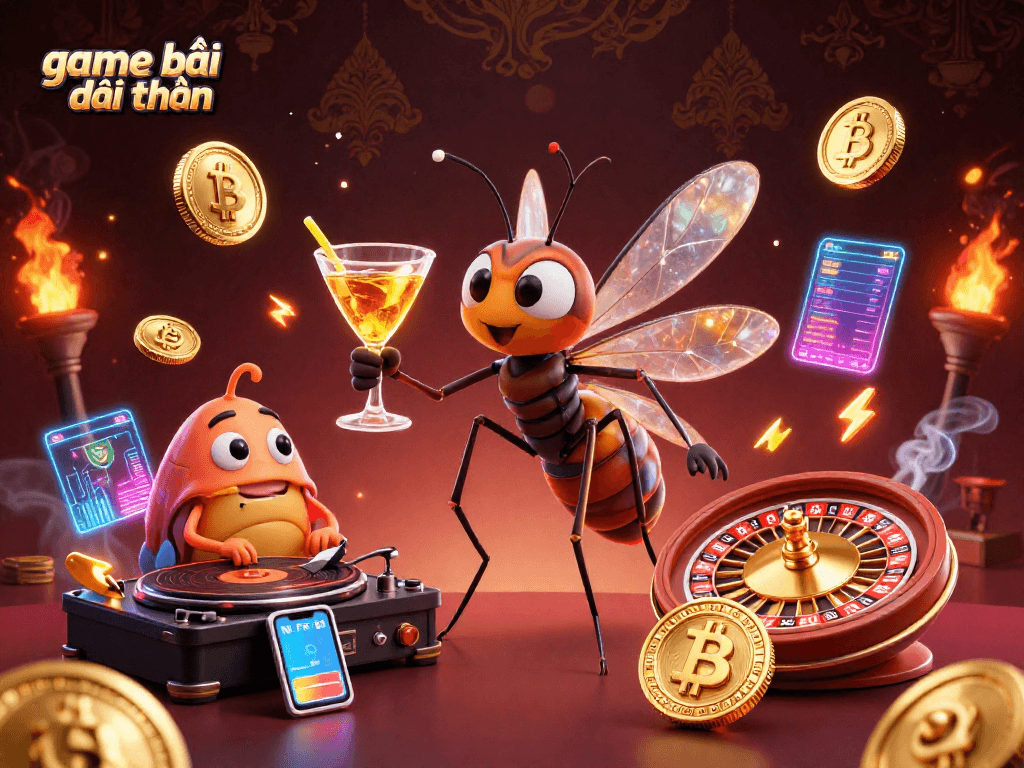 Engage with game bài đổi thưởng in a vibrant casino scene featuring a unique mosquito mascot.