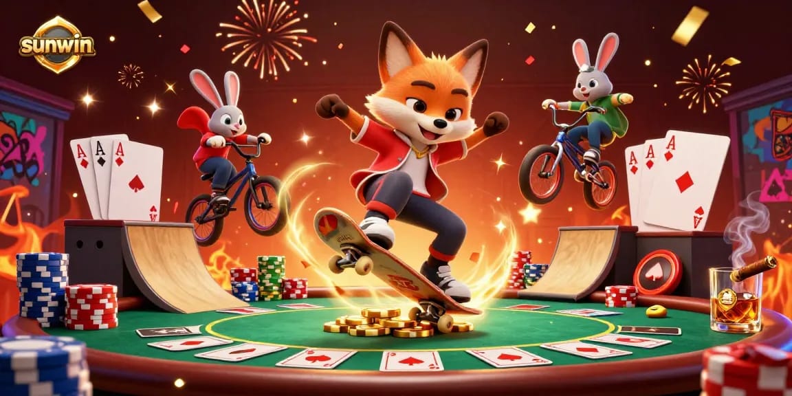 sunwin showcases vibrant casino-themed 3D animation with characters and poker elements.
