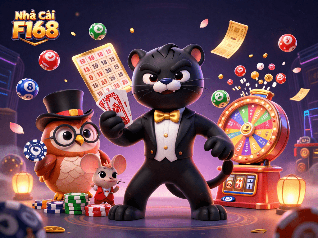 Engaging scene with Nhà cái F168 characters dealing cards and surrounded by vibrant lottery elements.