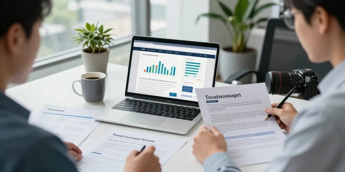Analyzing articles on Brasssmile com in a modern office setting with research materials.