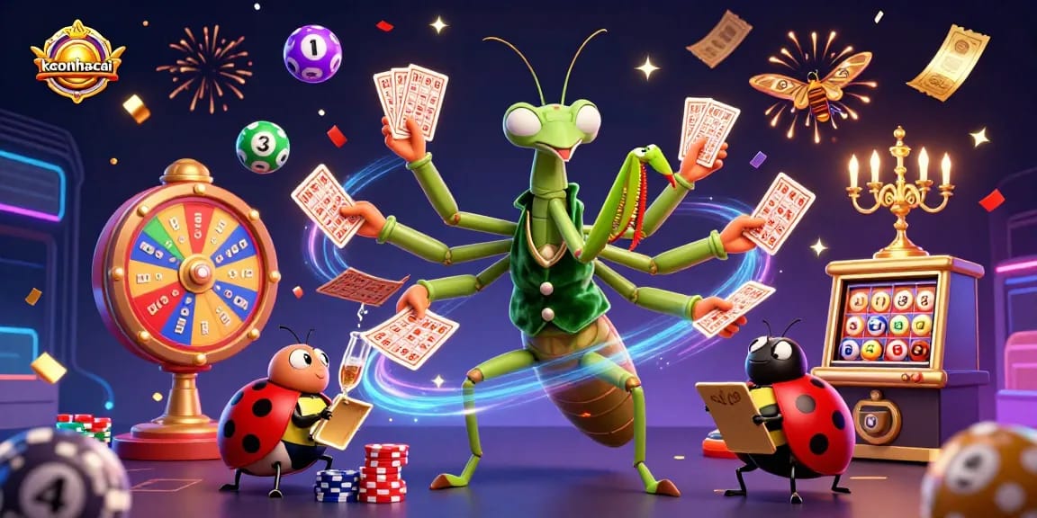 Engage with keonhacai's vibrant casino scene featuring a giant mantis dealer amidst colorful games.