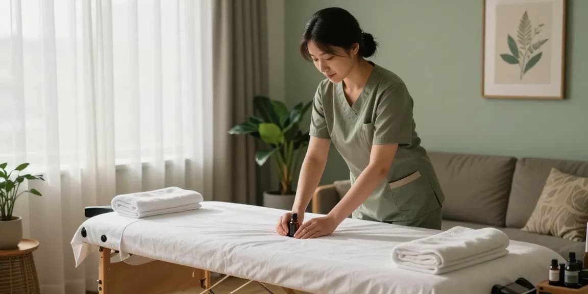 양천구출장안마 home massage setup with therapist preparing relaxing environment