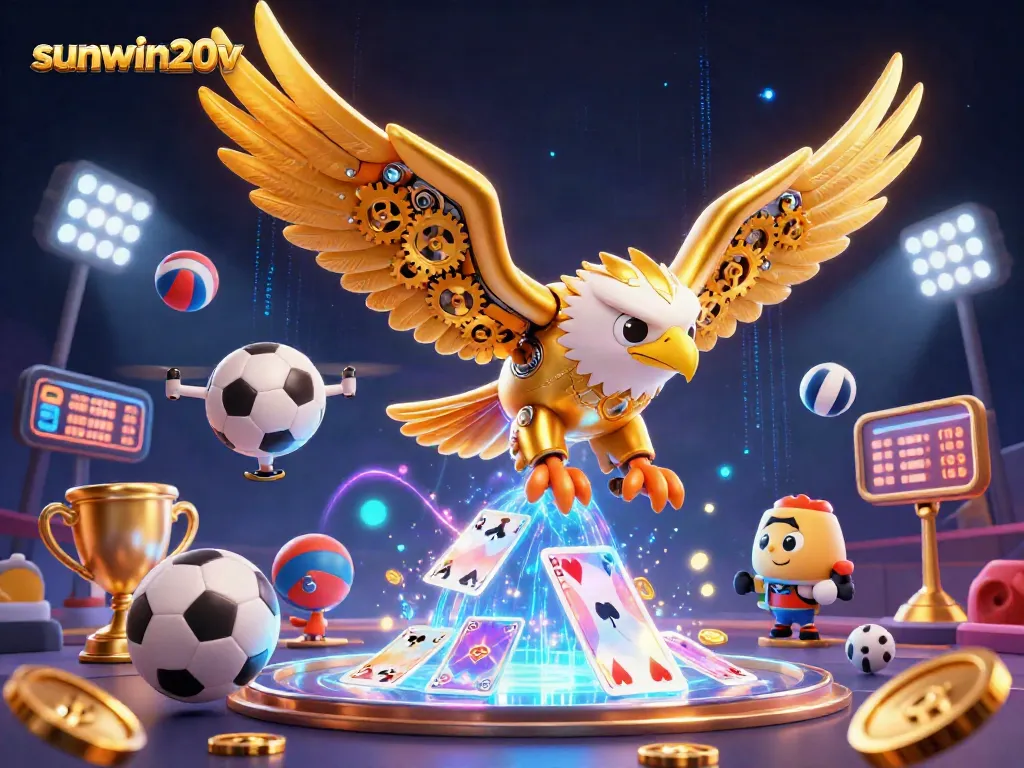 Experience the thrilling action of sunwin20v as the golden eagle dives through holographic cards in a vibrant casino scene.