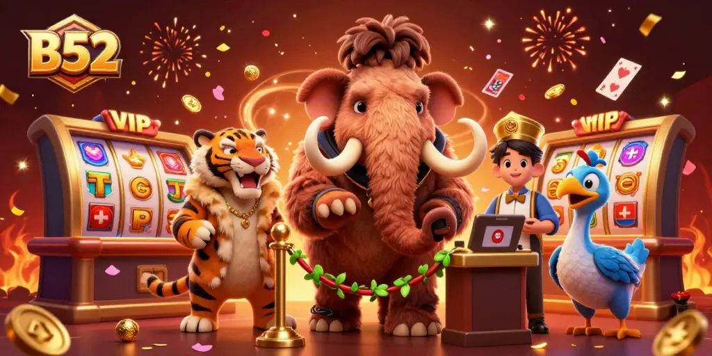 B52 showcases a vibrant casino scene with a woolly mammoth bouncer and slot reels spinning.