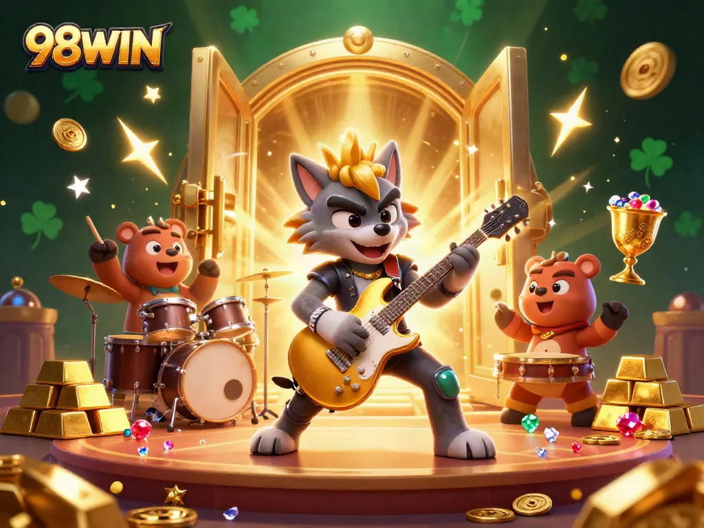 Experience the excitement of 98WIN with vibrant casino visuals featuring treasure and dynamic characters.