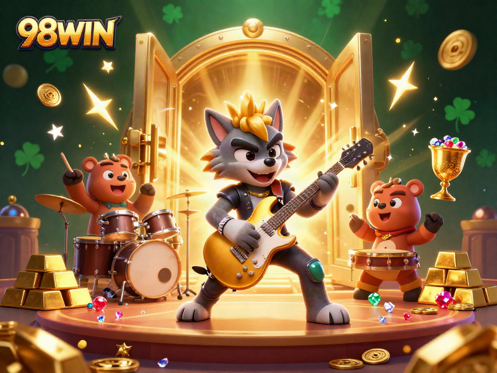 Experience the excitement of 98WIN with vibrant casino visuals featuring treasure and dynamic characters.