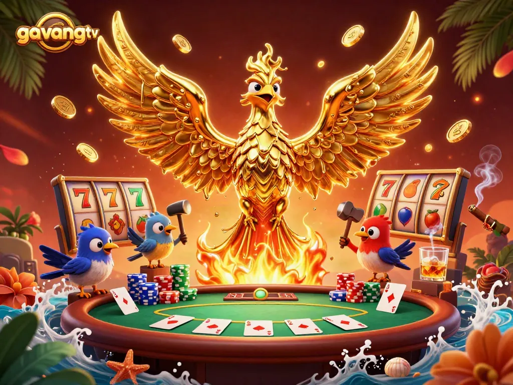 Engage in exciting gameplay with gavangtv’s vibrant digital casino illustration featuring iconic slot symbols and poker elements.