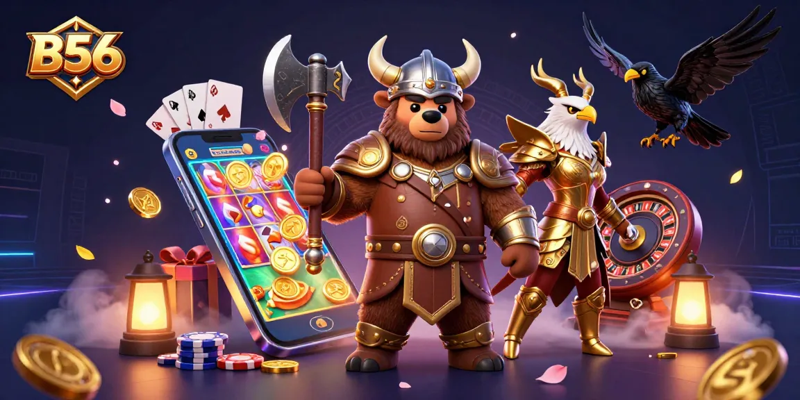 Experience the thrill of B56 gaming with a dynamic scene of mythical characters and vibrant casino elements.