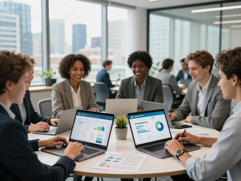 Engaged professionals collaborating on online promotion strategies in modern office, showcasing AllTogetherPlus platform.