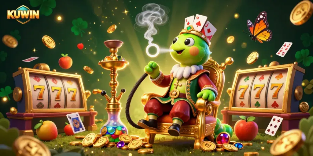 Engage in thrilling casino gaming with KUWIN's vibrant 3D illustration featuring slot reels and golden elements.