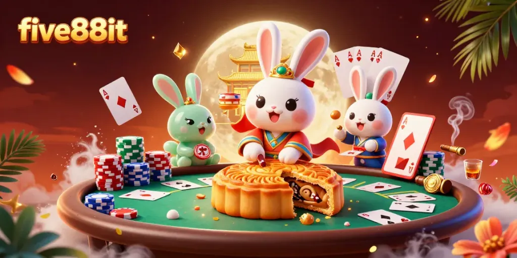 Experience thrilling poker gameplay with five88it as the moon rabbit reveals poker chips inside mooncakes.