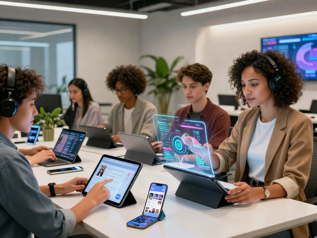 Engaging scene of diverse individuals exploring ai slut concepts in a tech workspace.