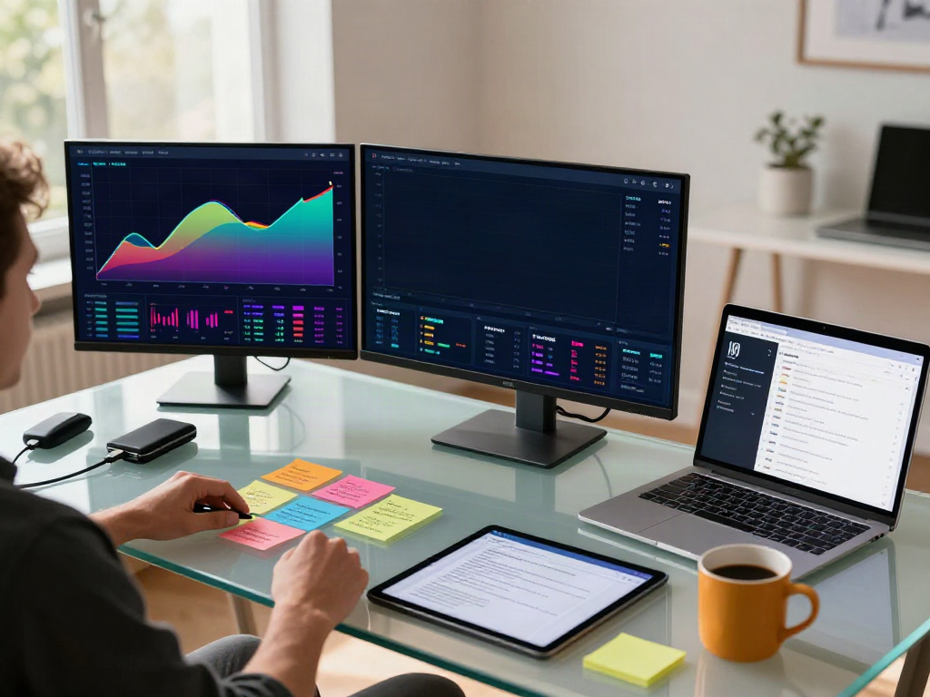 Dynamic cryptocurrency trading setup displaying durov2 charts, digital wallets, and DeFi dashboards in a modern workspace environment.