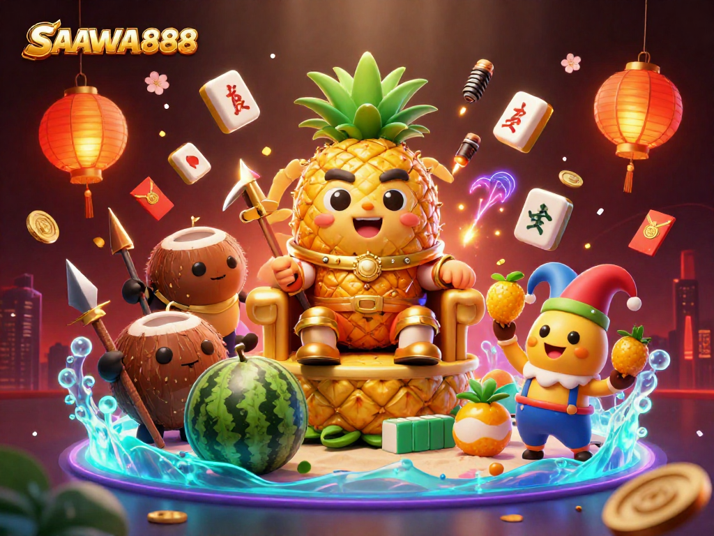 SAWA888’s vibrant beach casino scene features a pineapple king with his coconut bodyguards and a mango jester.