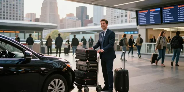 Car service from NYC with a professional driver welcoming passengers in a busy airport terminal.