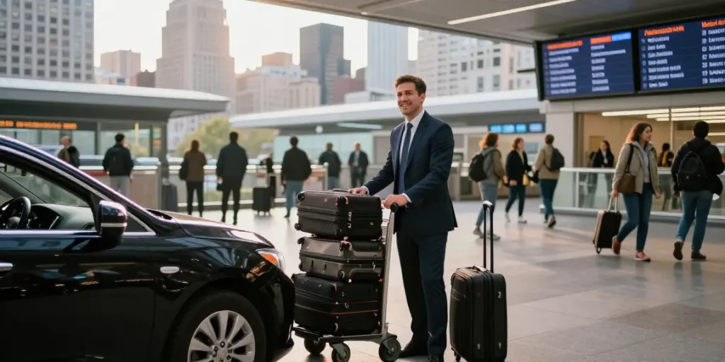 Car service from NYC with a professional driver welcoming passengers in a busy airport terminal.