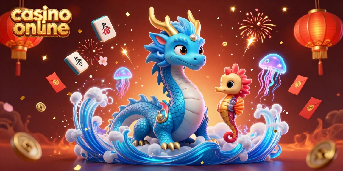 Engage in casino online adventures with a vibrant 3D dragon, seahorse knight, and dynamic casino elements.