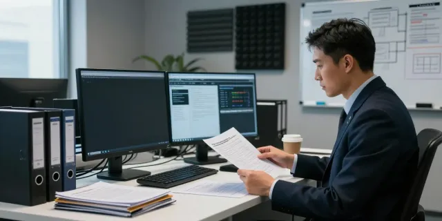 goodtam investigation agency detective examining case files in a modern office