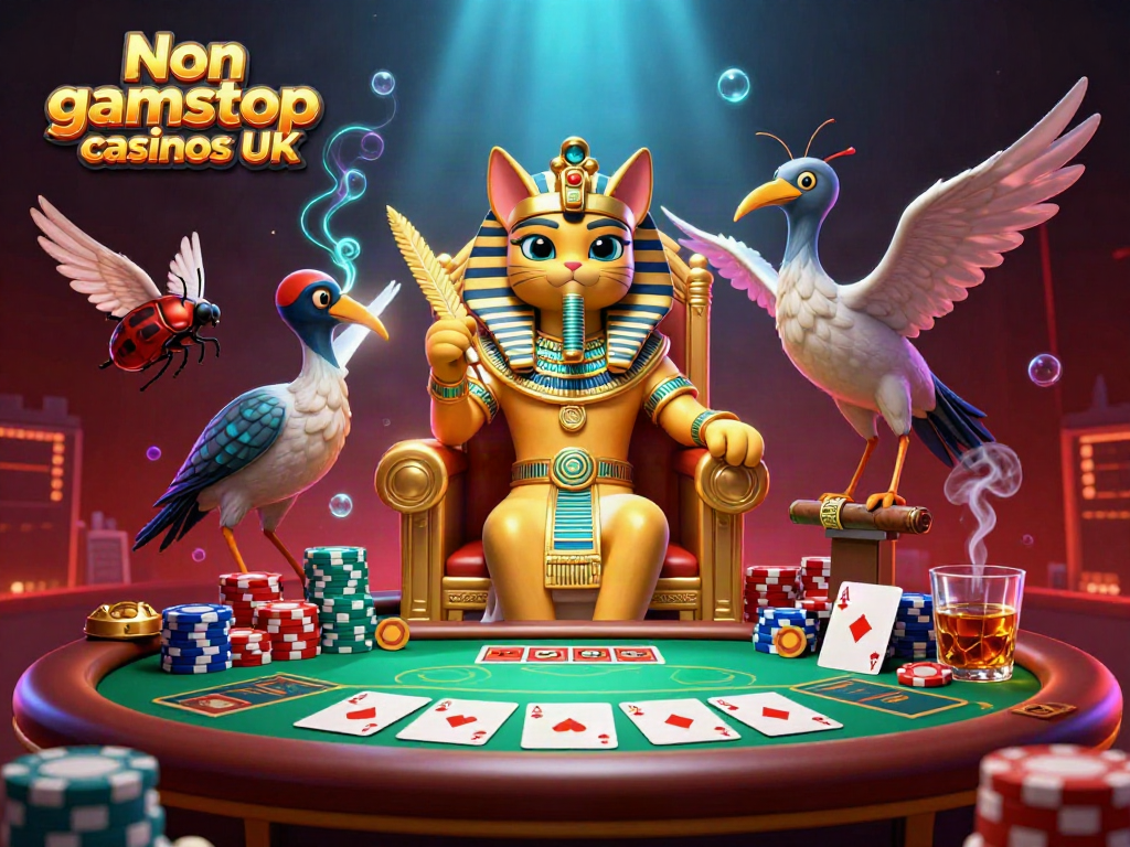 Experience the excitement of Non gamstop casinos UK with rich 3D characters at a dynamic poker table surrounded by vibrant casino elements.