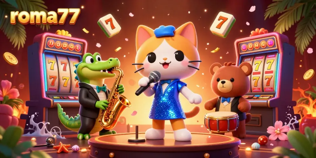 Genggam kemenangan maksimal di roma77 dengan karakter unik seperti kucing penyanyi jazzy dan buaya memainkan saksofon.