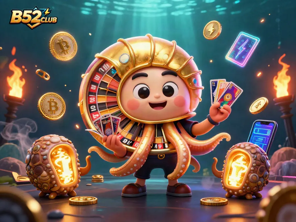 Experience thrilling gameplay at B52CLUB with a vibrant 3D scene showcasing a giant nautilus roulette wheel.