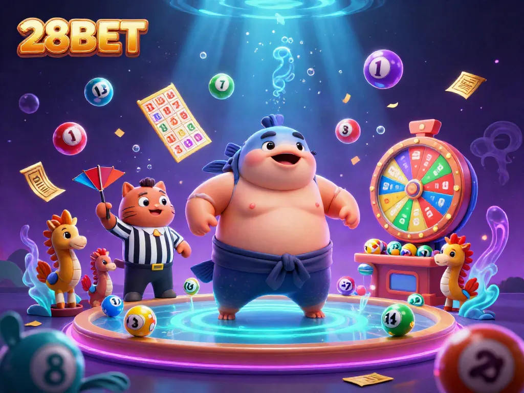 Engage in exciting lottery games at 28BET with vibrant scenes and dynamic elements.
