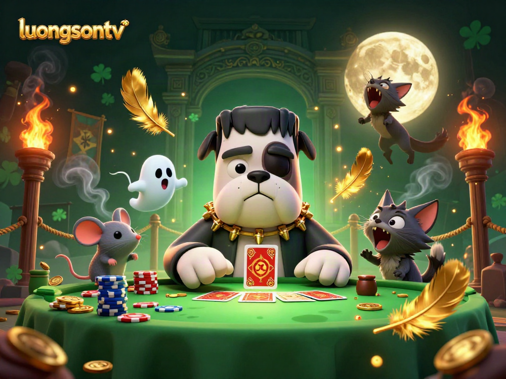 Experience live sports action with luongsontv as a cartoon bulldog dealer and ghost mouse entertain at a vibrant gaming table.