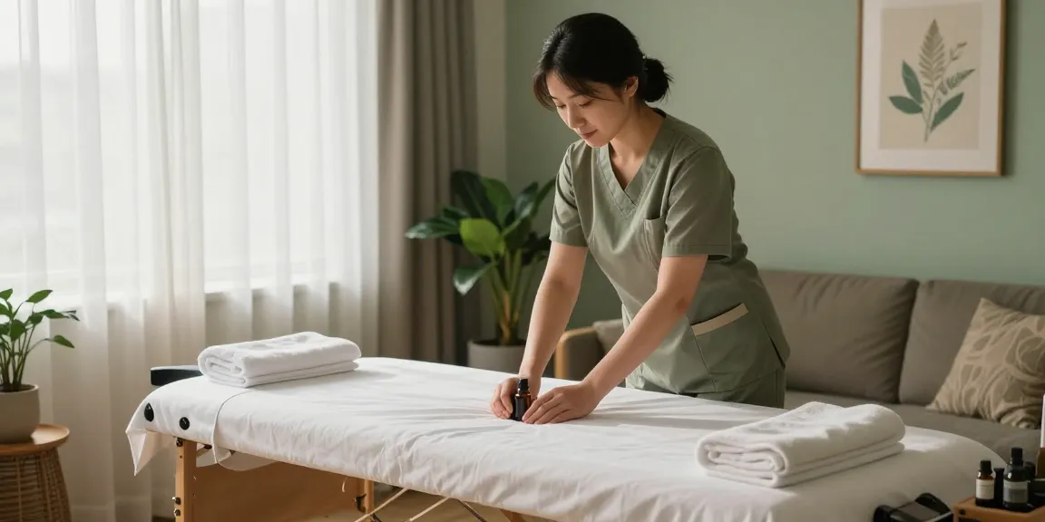 양천구출장안마 home massage setup with therapist preparing relaxing environment