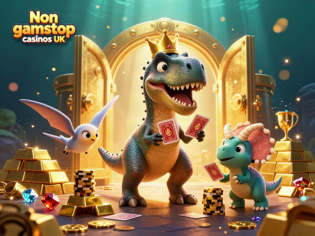 Engaging 3D scene featuring a T-Rex shuffling cards in Non gamstop casinos UK with golden treasures.
