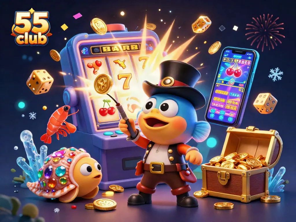 Experience thrilling wins at 55 club with a vibrant 3D casino scene capturing fun and excitement.