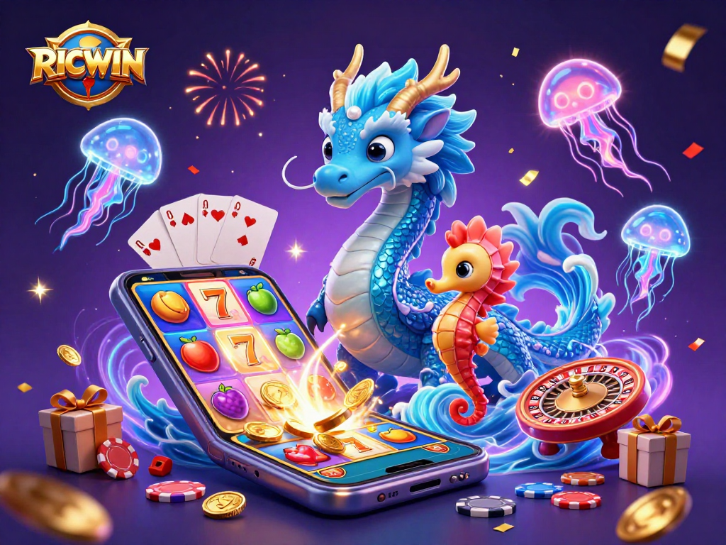Immerse in RICWIN with vibrant 3D casino action featuring a dragon, knight, and slot games.