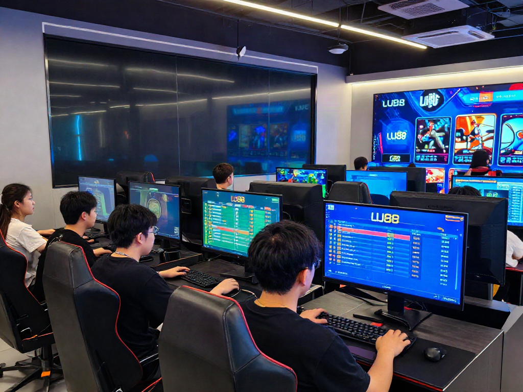 Engaged players enjoying LU88 at a high-tech gaming café with vibrant lighting and interactive displays.