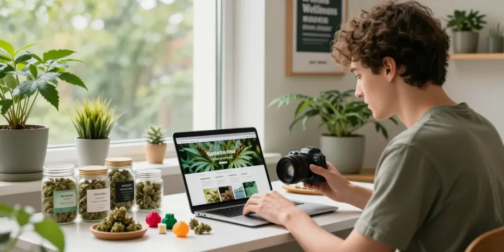 Buy weed online in UK with stylish cannabis products showcased in an inviting urban setting.
