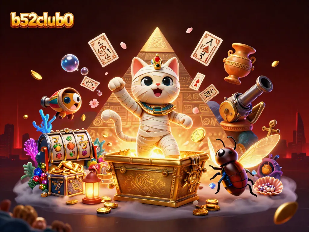 Unleash winning strategies at b52club0 with playful Egyptian mummy cat and vibrant casino elements