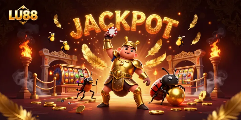 LU88 brings excitement to gamblers as a cartoon beetle celebrates a casino jackpot with vibrant game elements.