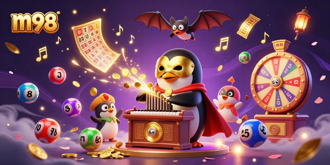 Experience m98 gaming magic with a phantom penguin organist and lottery elements in a vibrant casino scene.