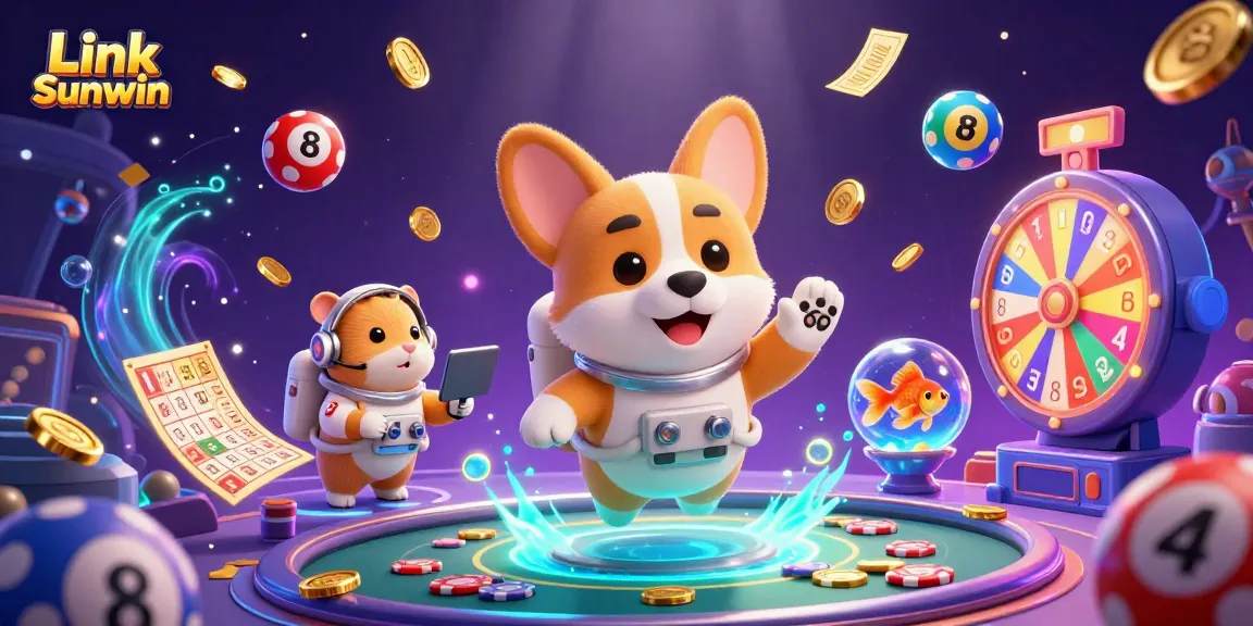 Engage with Link Sunwin in this dynamic casino-themed illustration featuring vibrant game elements.