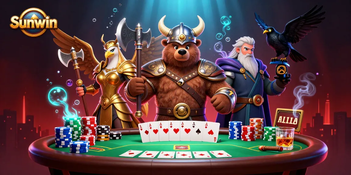 Engage in thrilling gameplay at Sunwin with a Viking bear and Valkyrie eagle amidst vibrant casino elements.