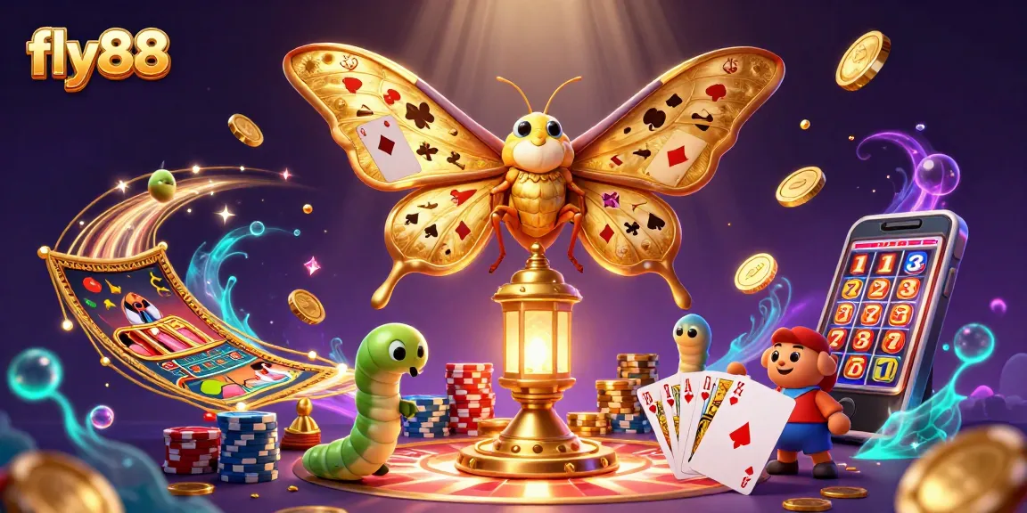 Fly88 engages players with vibrant golden butterflies and casino elements in an exciting illustrated scene.