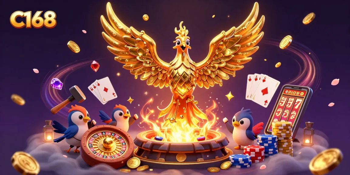 Experience the thrill of C168 with golden phoenix and vibrant casino action in a stunning 3D scene.