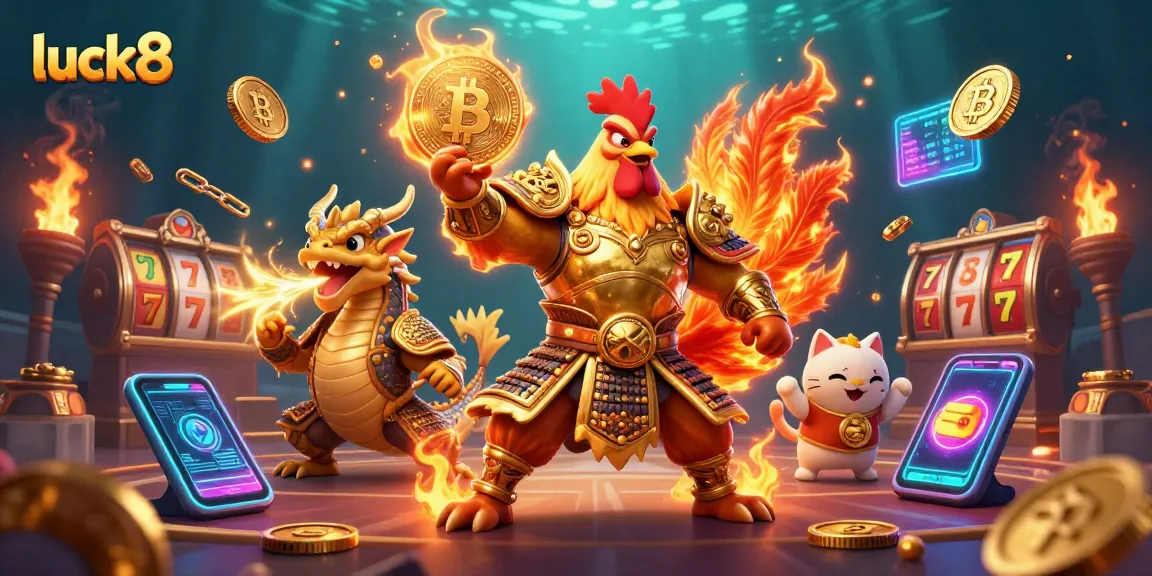 Engage with luck8's dynamic casino world featuring golden coins and vibrant gaming elements.